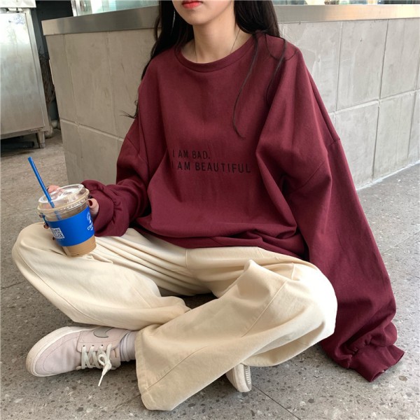 Women Fashion Solid Color Letter Print Round Neck Long Sleeve Sweatshirt