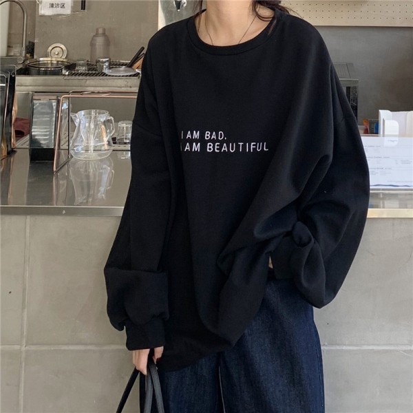 Women Fashion Solid Color Letter Print Round Neck Long Sleeve Sweatshirt