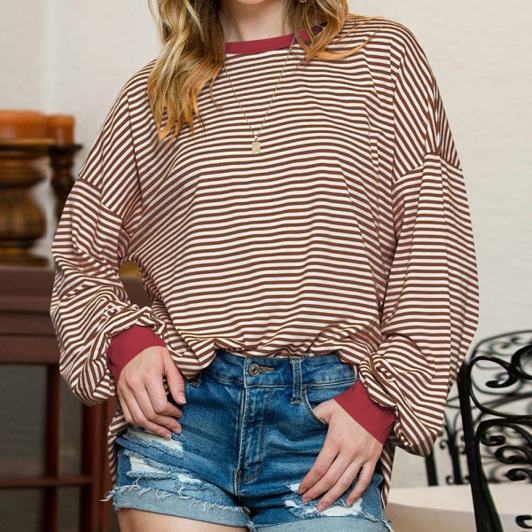 Women Casual Stripe Crewneck Long Sleeve Sweatshirt