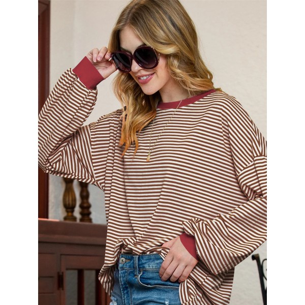 Women Casual Stripe Crewneck Long Sleeve Sweatshirt