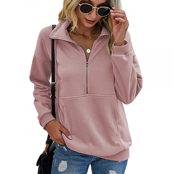 Women Casual Lap Half Zip Long Sleeve Blank Sweatshirt