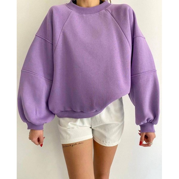 Autumn Winter Women Fashion Solid Color Loose Round Neck Long Sleeve Blank Sweatshirt