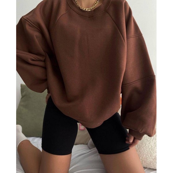 Autumn Winter Women Fashion Solid Color Loose Round Neck Long Sleeve Blank Sweatshirt