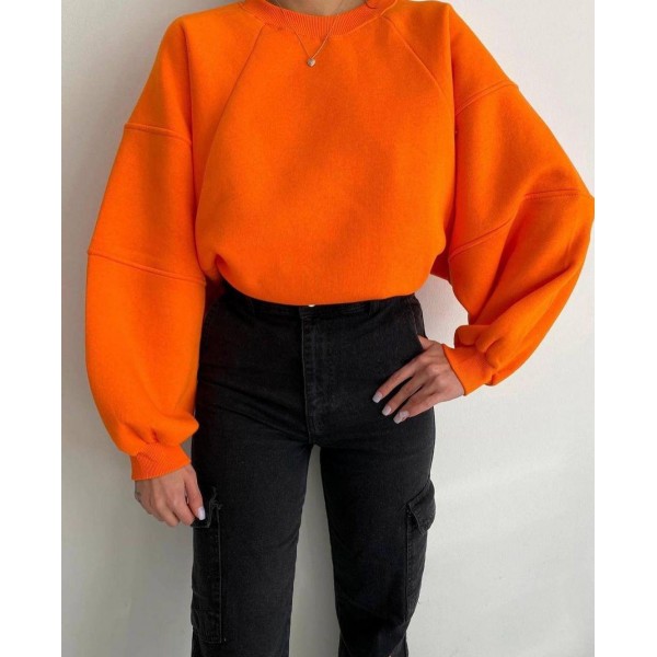 Autumn Winter Women Fashion Solid Color Loose Round Neck Long Sleeve Blank Sweatshirt