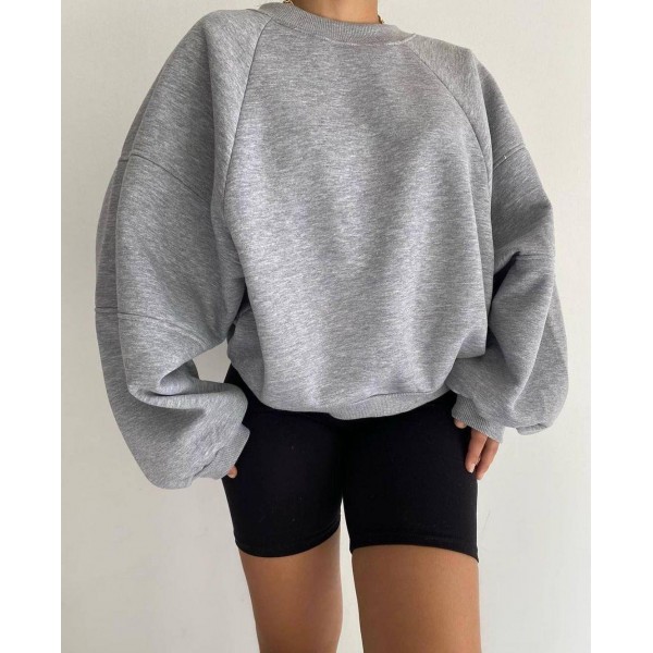 Autumn Winter Women Fashion Solid Color Loose Round Neck Long Sleeve Blank Sweatshirt