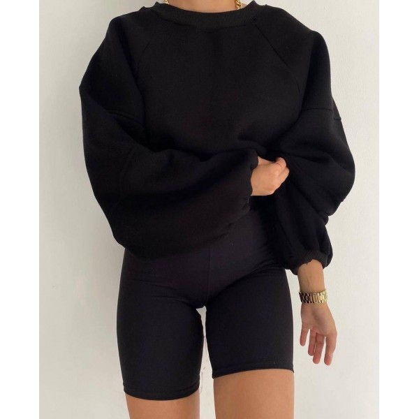 Autumn Winter Women Fashion Solid Color Loose Round Neck Long Sleeve Blank Sweatshirt