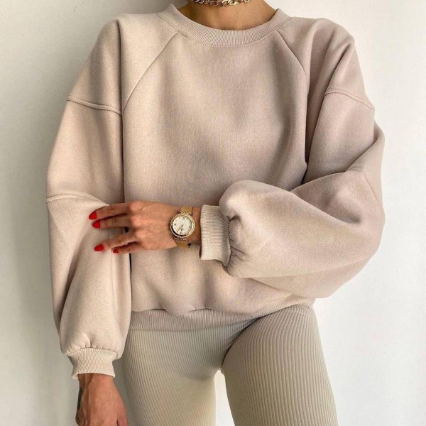 Autumn Winter Women Fashion Solid Color Loose Round Neck Long Sleeve Blank Sweatshirt