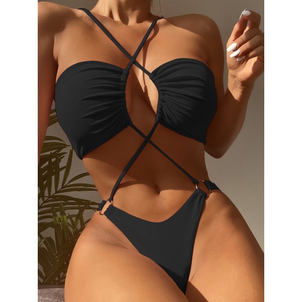 Sexy Women Vacation Swimsuit Solid Color Bandage Bikini