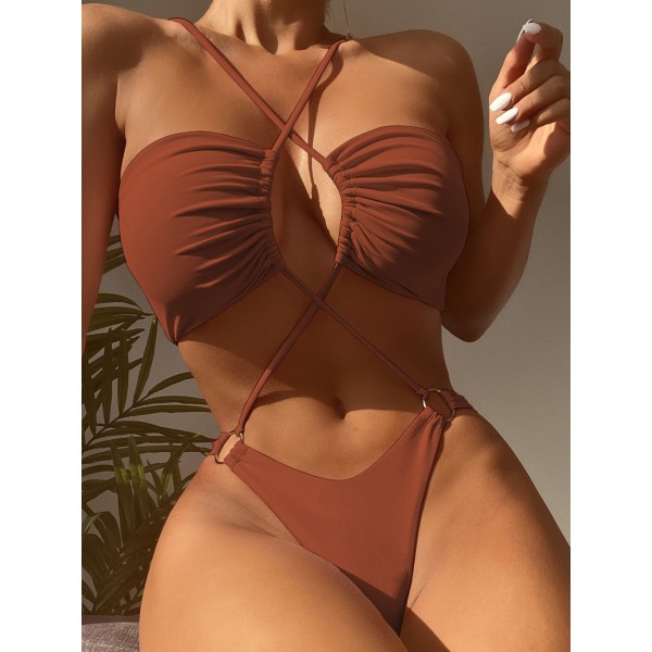 Sexy Women Vacation Swimsuit Solid Color Bandage Bikini