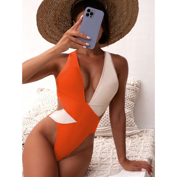 Women Fashion Color Blocking One-Piece Swimwear