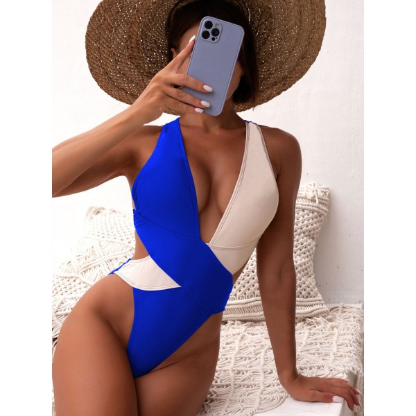 Women Fashion Color Blocking One-Piece Swimwear