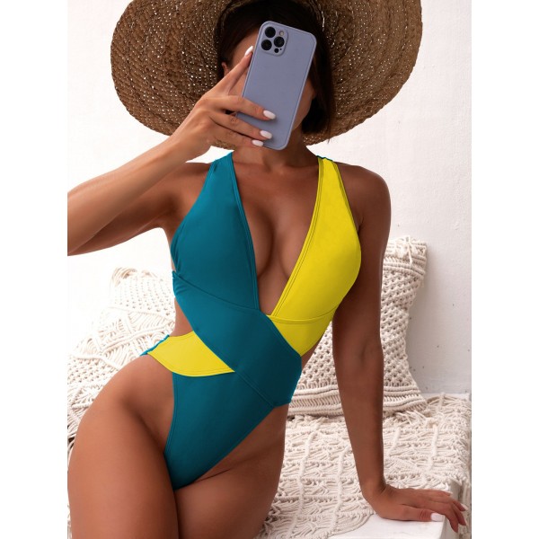 Women Fashion Color Blocking One-Piece Swimwear