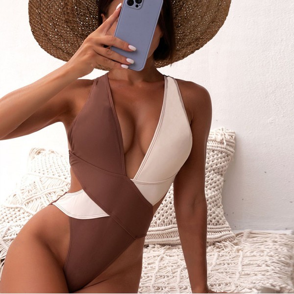 Women Fashion Color Blocking One-Piece Swimwear