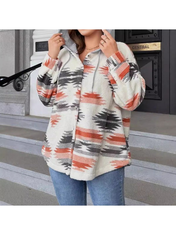 Ethnic Print Hooded Color Contrast Thick Jacket