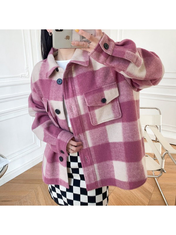 Wool Plaid  Collar Women's Loose Top Woolen Coat