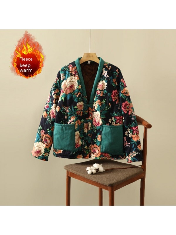 Floral Jacket Ethnic Print Fleece-lined Thickened  Coat Plus Size