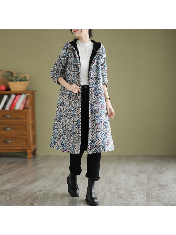 Ethnic Style Fleece-lined Thick Mid-length Hooded Jacket