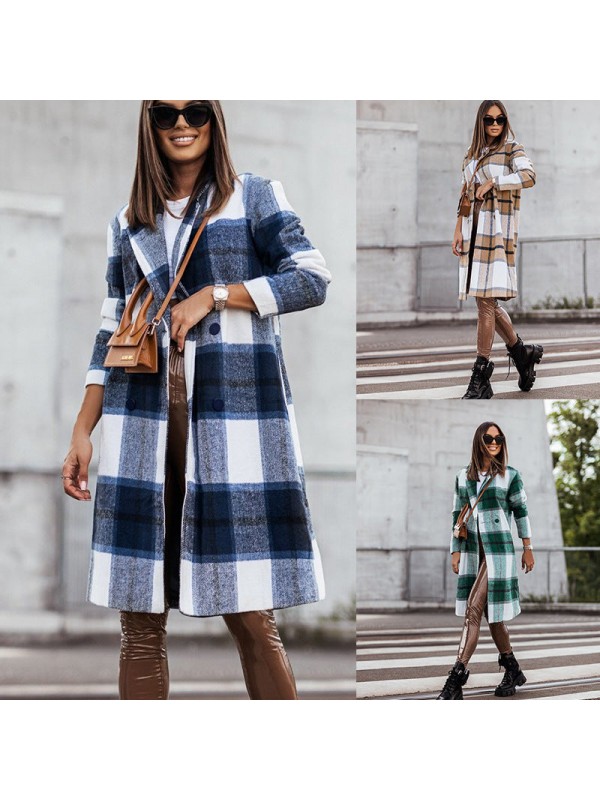 Winter Fashion Brushed Mid-length Plaid Wool Coat