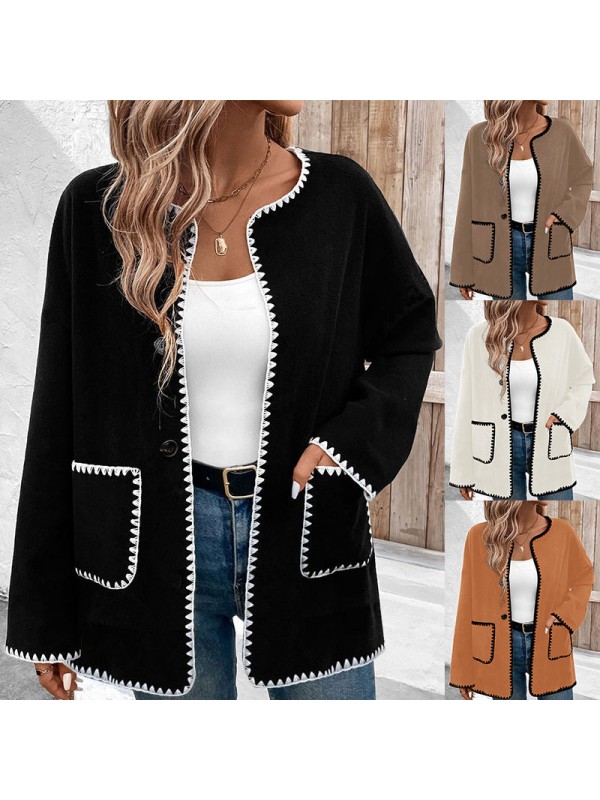 Loose Color Matching Long Sleeve Pocket Coat Women